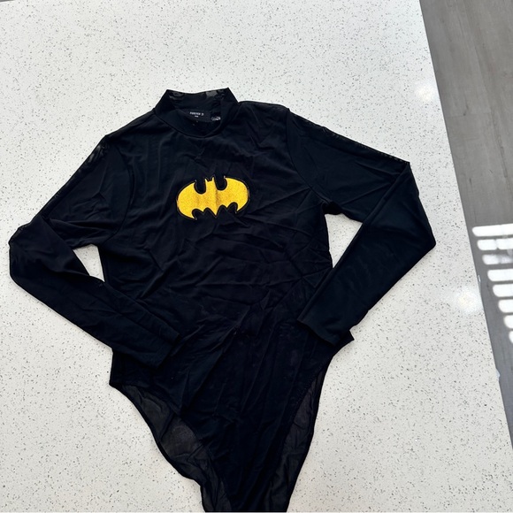 Forever 21 Plus Black Bodysuit with Yellow Batman Logo sz 2X - Picture 2 of 6